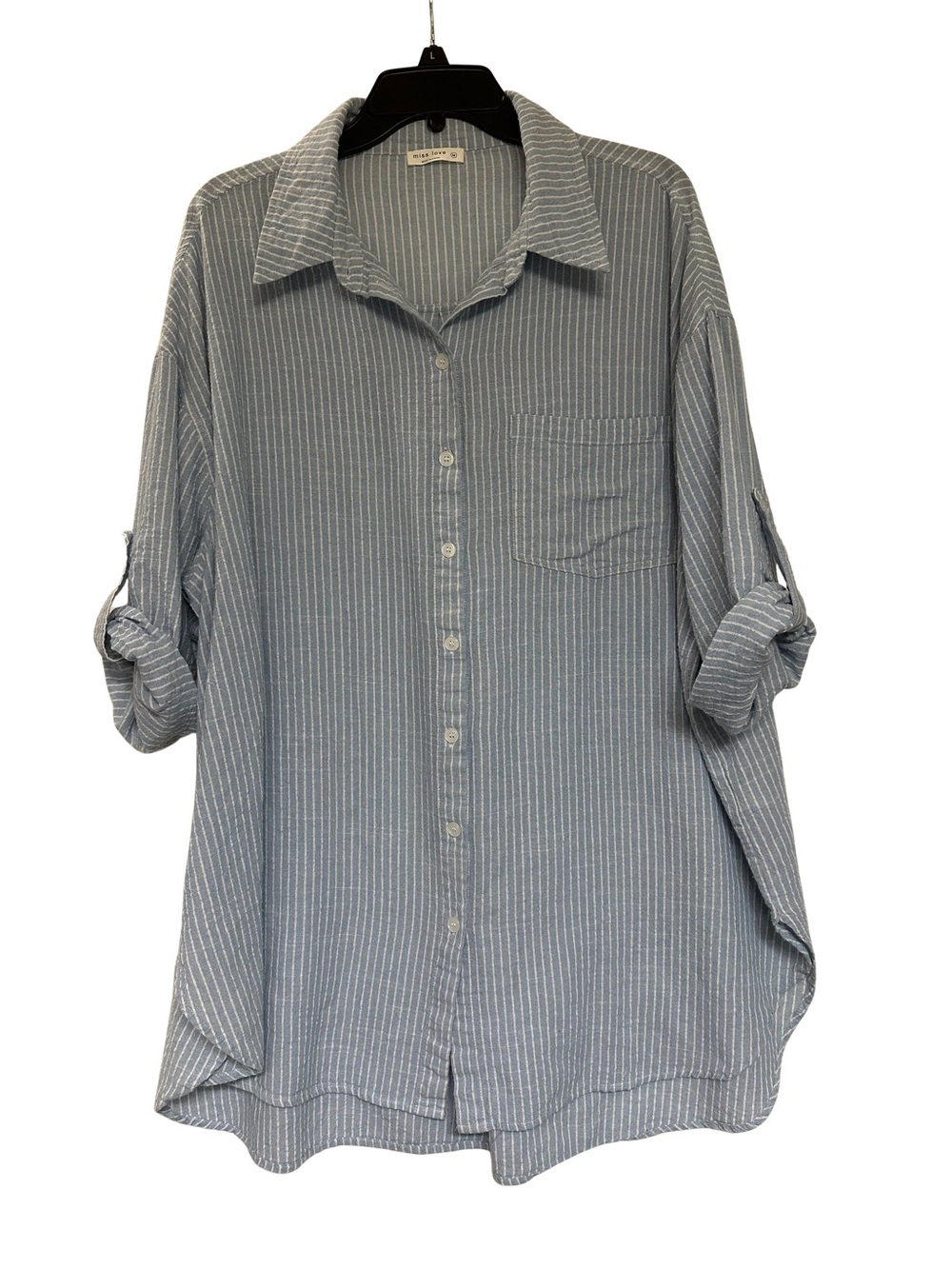 Miss Love Light Blue Chambray Cotton Pinstripe Button-Up Shirt Oversized Medium